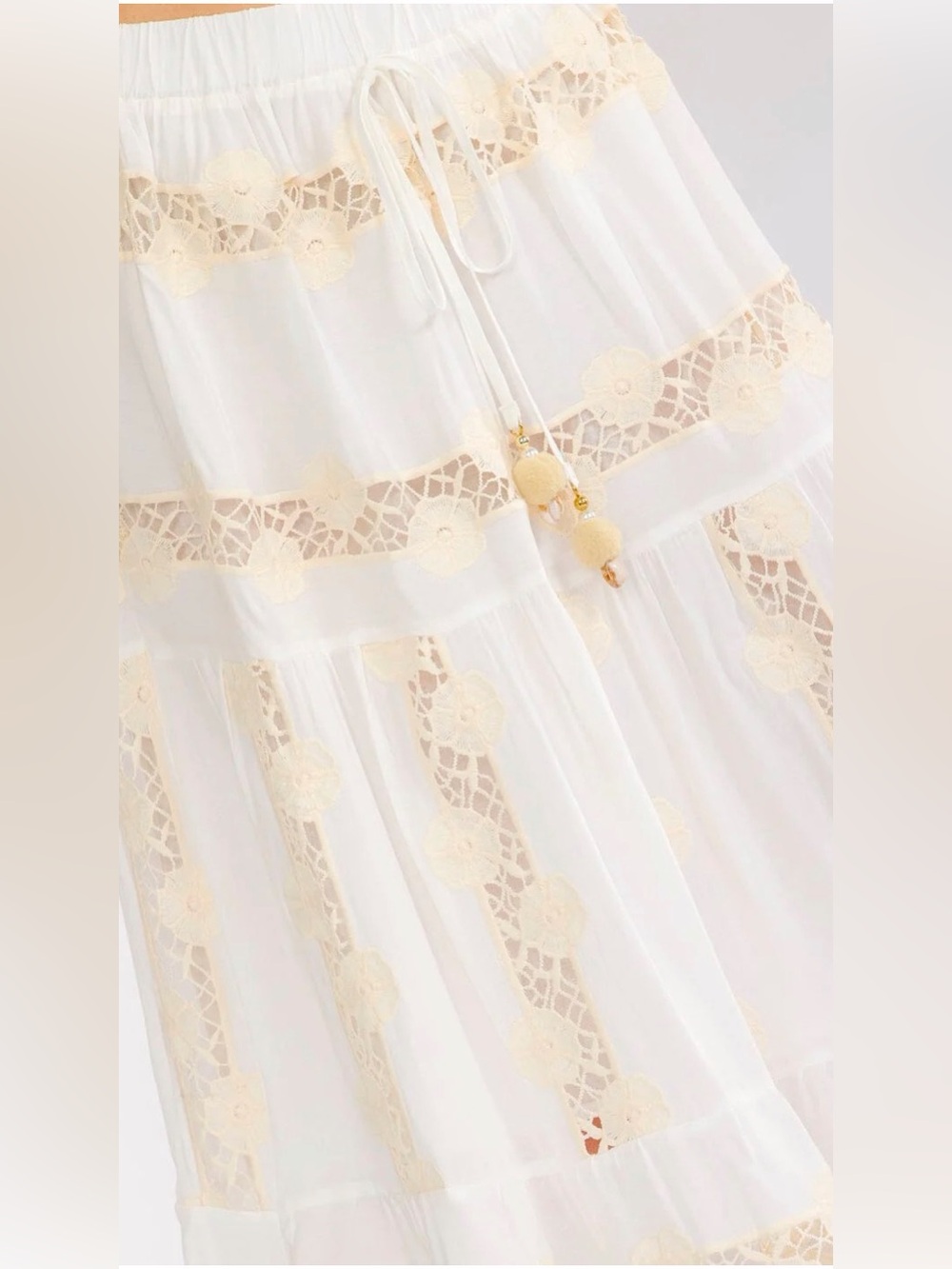 A470. Boho Lace-Trim White Maxi Skirt - Picture 2 of 4